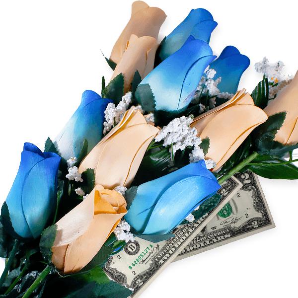 Baby Blue & Peach Bouquet | Cash Roses®-Cash Roses®-The Official Website of Jewelry Candles - Find Jewelry In Candles!